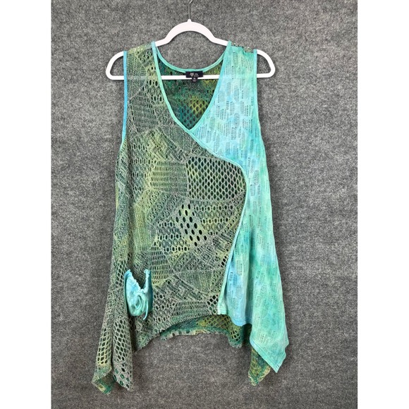 Lily by Firatoglu Tops - Lily by Firatoglu Tunic Tank Women XL Green Blue Excellent Crochet Sharkbite Hem